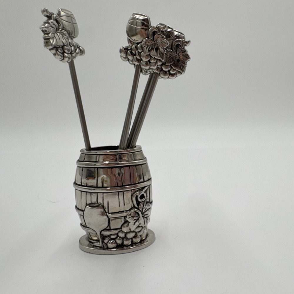 Ganz Grape Wine Barrel Cocktail Picks Set Metal Appetizer Skewers Holder